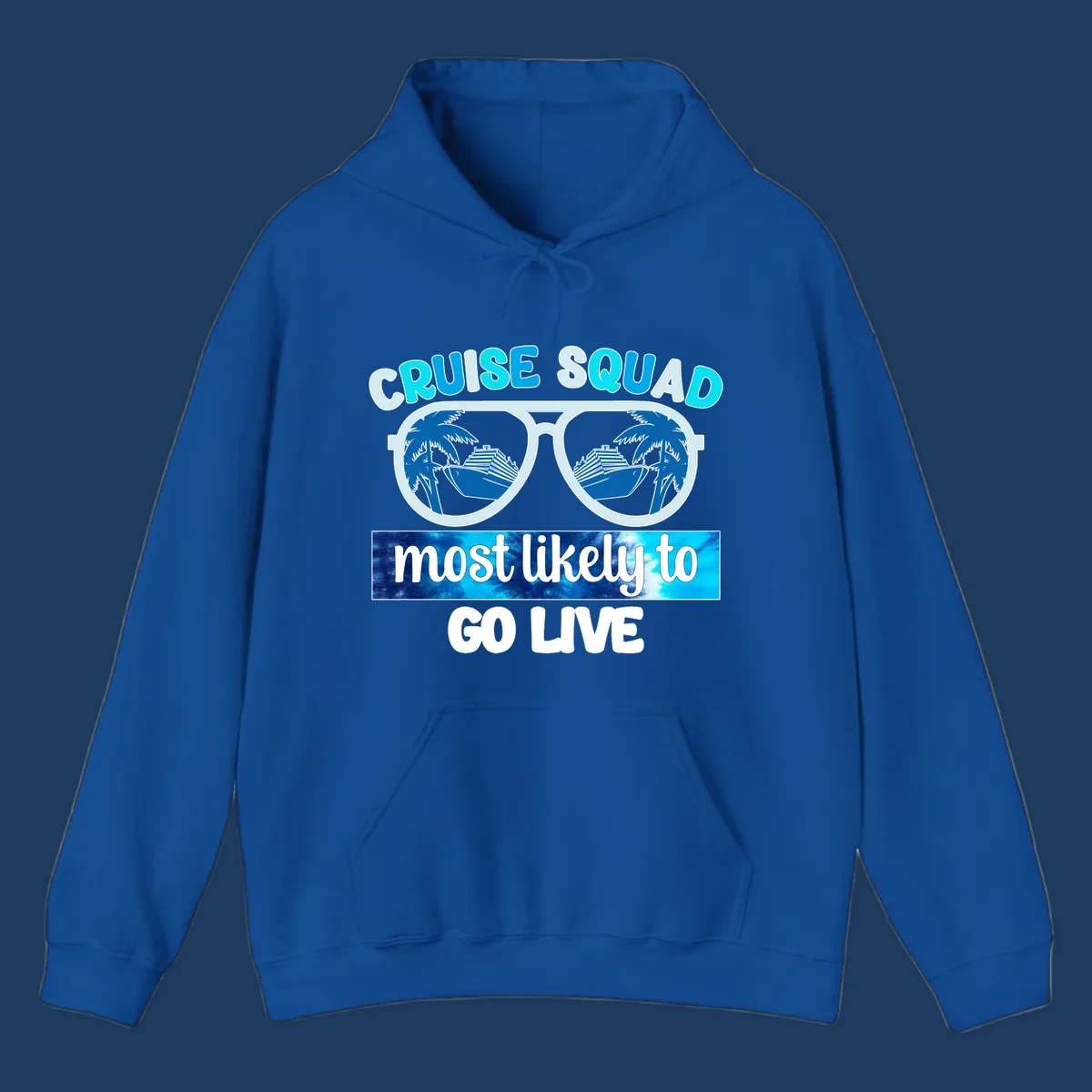 Cruise squad most likely design with oversized sunglasses reflecting palm trees and cruise ships with cyan and blue text