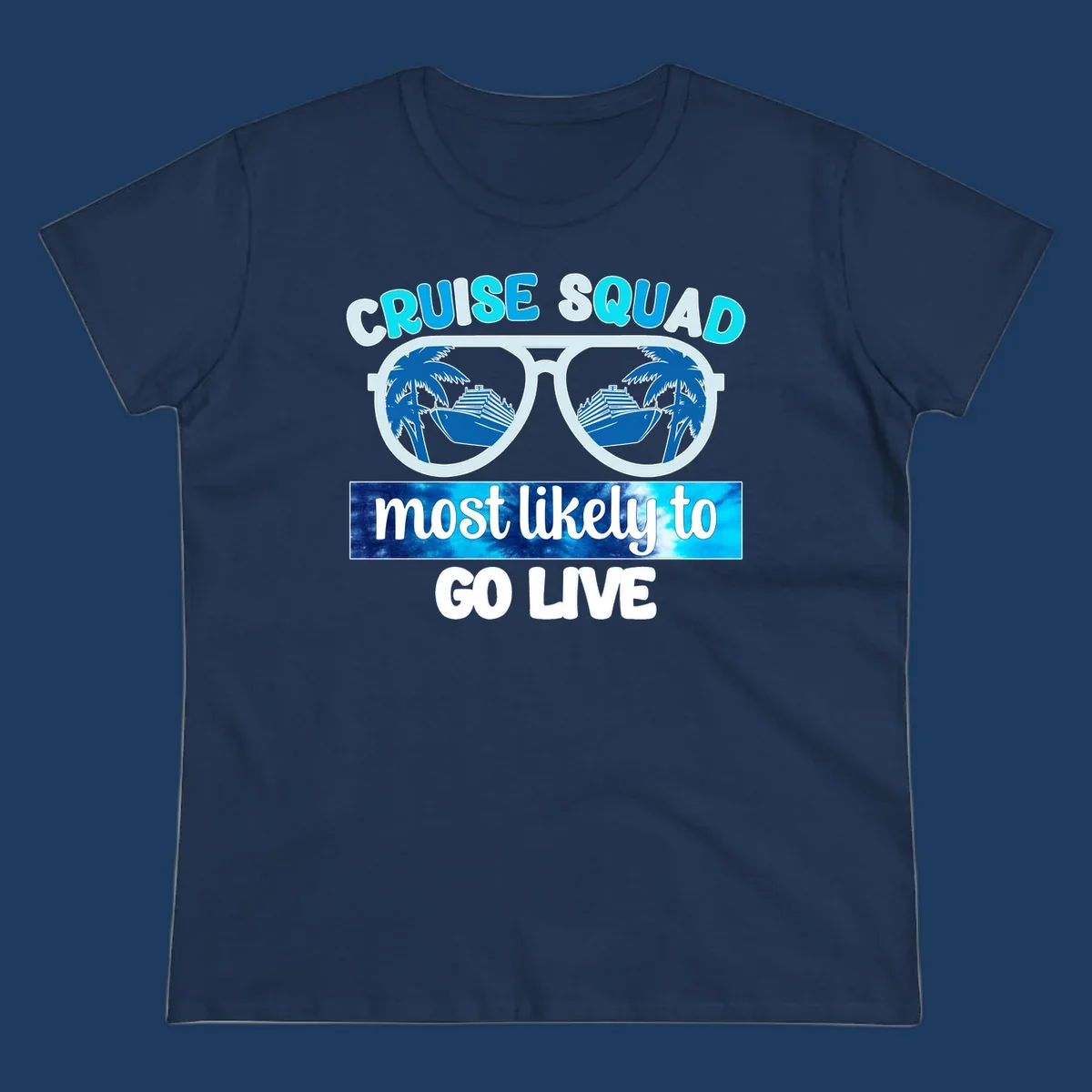 Cruise squad most likely design with oversized sunglasses reflecting palm trees and cruise ships with cyan and blue text