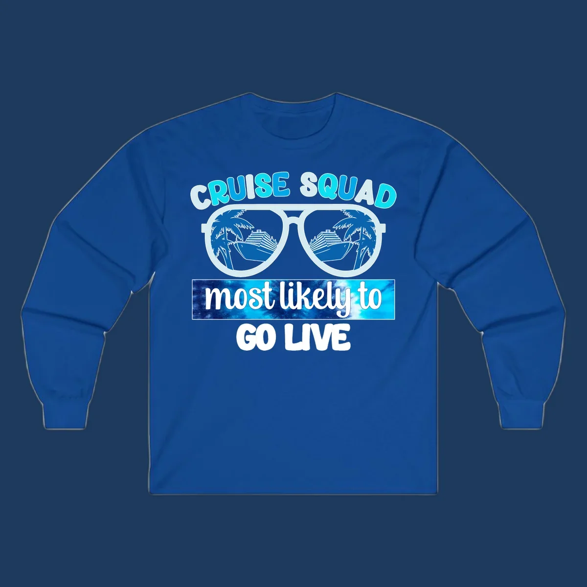 Cruise squad most likely design with oversized sunglasses reflecting palm trees and cruise ships with cyan and blue text