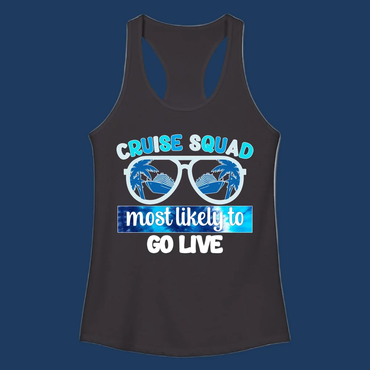 Cruise squad most likely design with oversized sunglasses reflecting palm trees and cruise ships with cyan and blue text