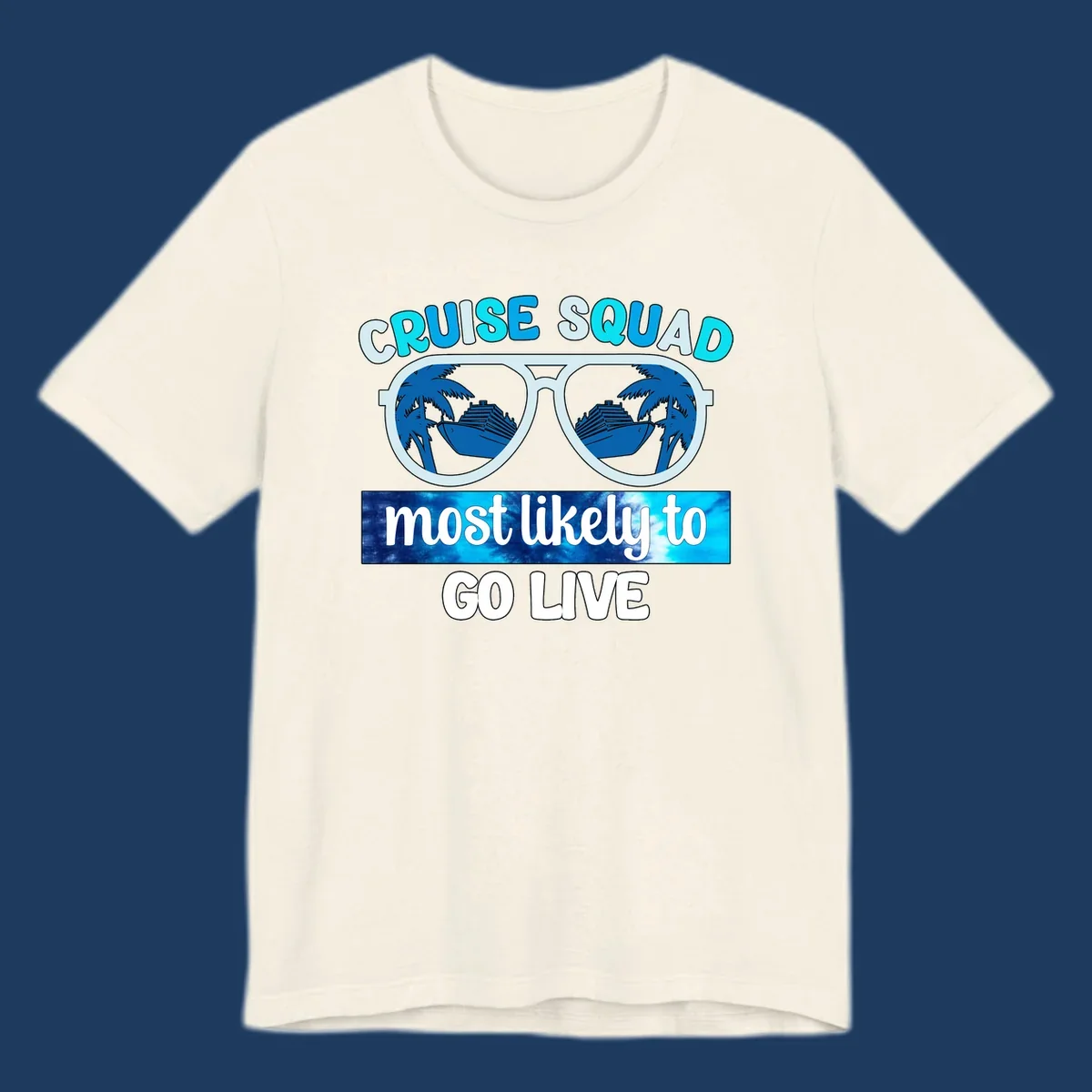 Cruise squad most likely design with oversized sunglasses reflecting palm trees and cruise ships with cyan and blue text