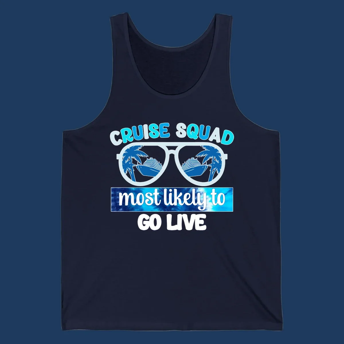 Cruise squad most likely design with oversized sunglasses reflecting palm trees and cruise ships with cyan and blue text