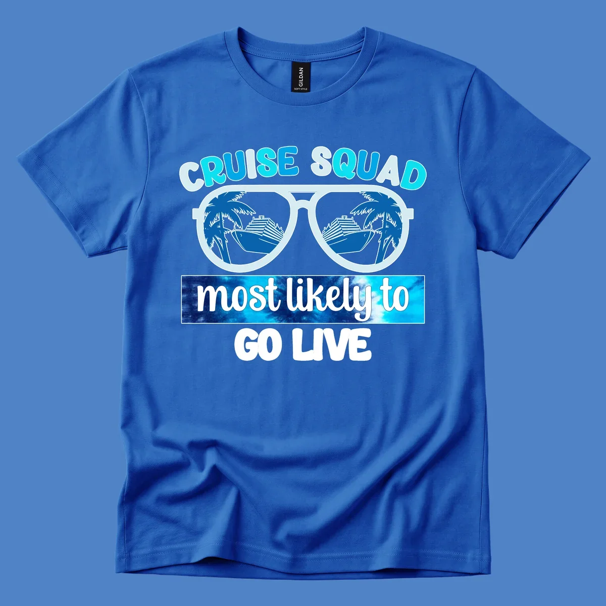 Cruise squad most likely design with oversized sunglasses reflecting palm trees and cruise ships with cyan and blue text