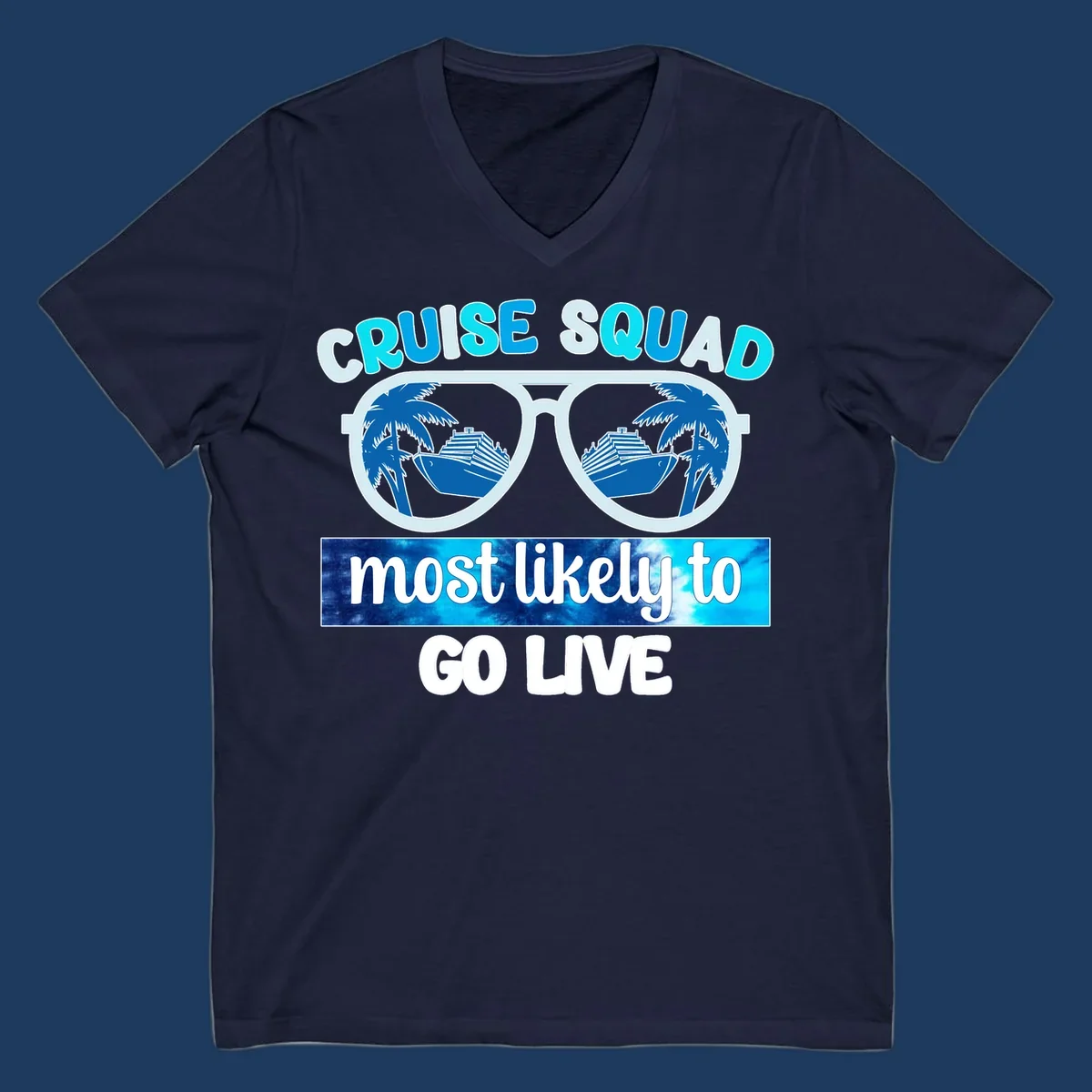 Cruise squad most likely design with oversized sunglasses reflecting palm trees and cruise ships with cyan and blue text