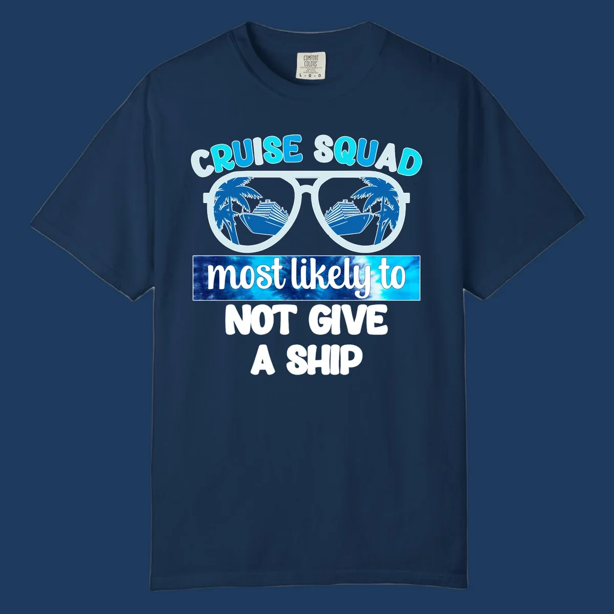 Cruise squad not give ship design with sunglasses showing cruise ships and palm trees reflection
