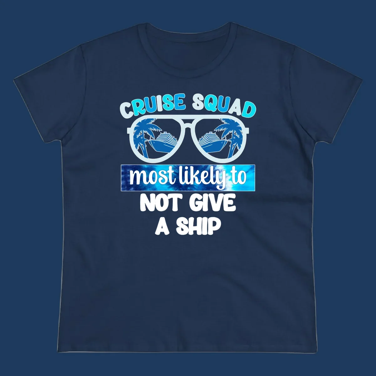 Cruise squad not give ship design with sunglasses showing cruise ships and palm trees reflection