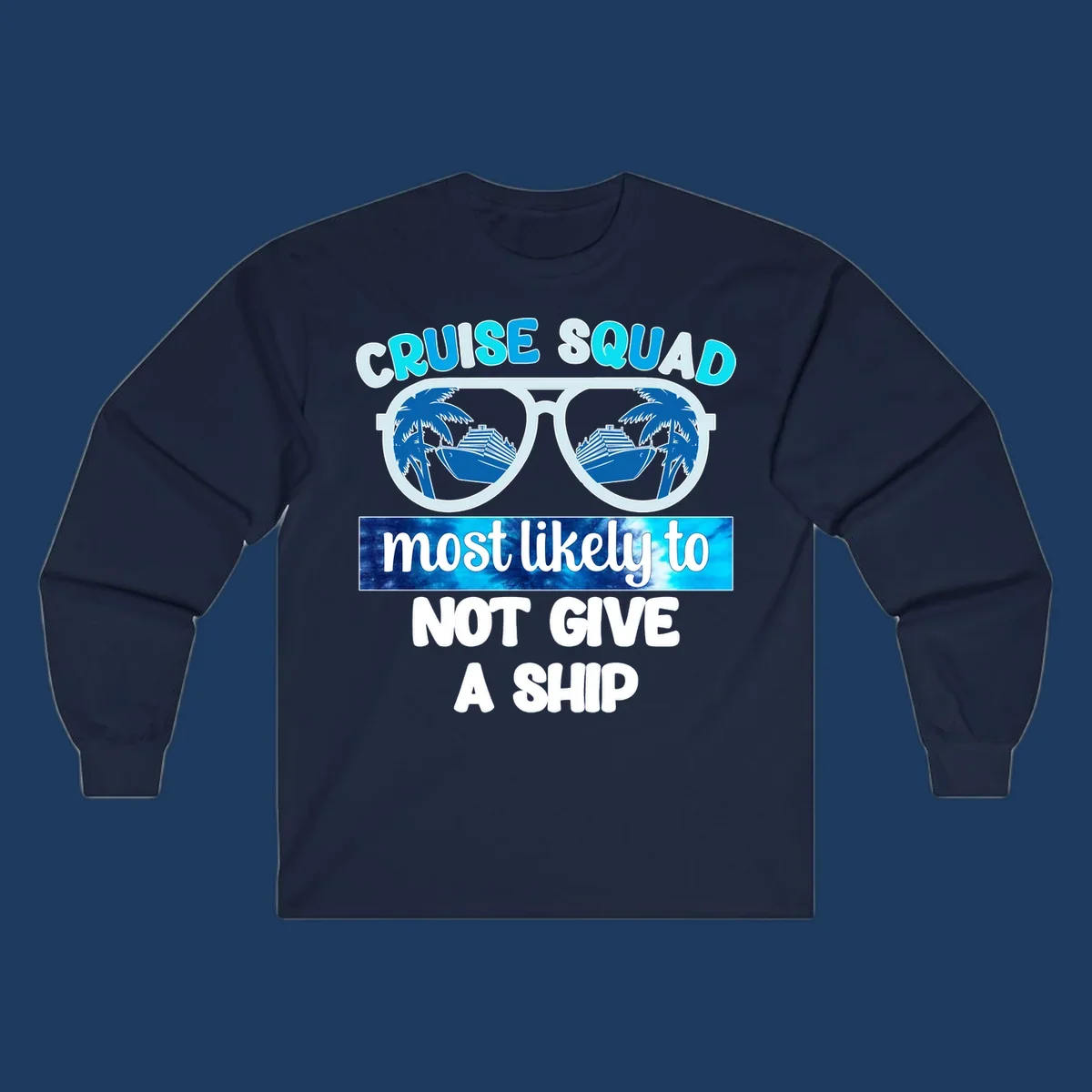 Cruise squad not give ship design with sunglasses showing cruise ships and palm trees reflection