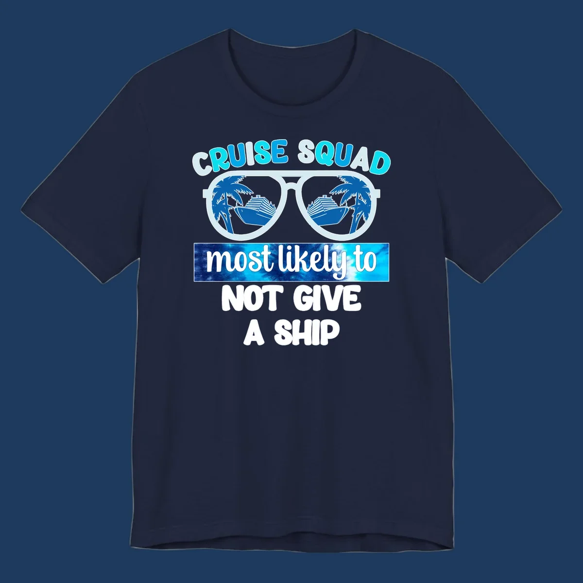 Cruise squad not give ship design with sunglasses showing cruise ships and palm trees reflection
