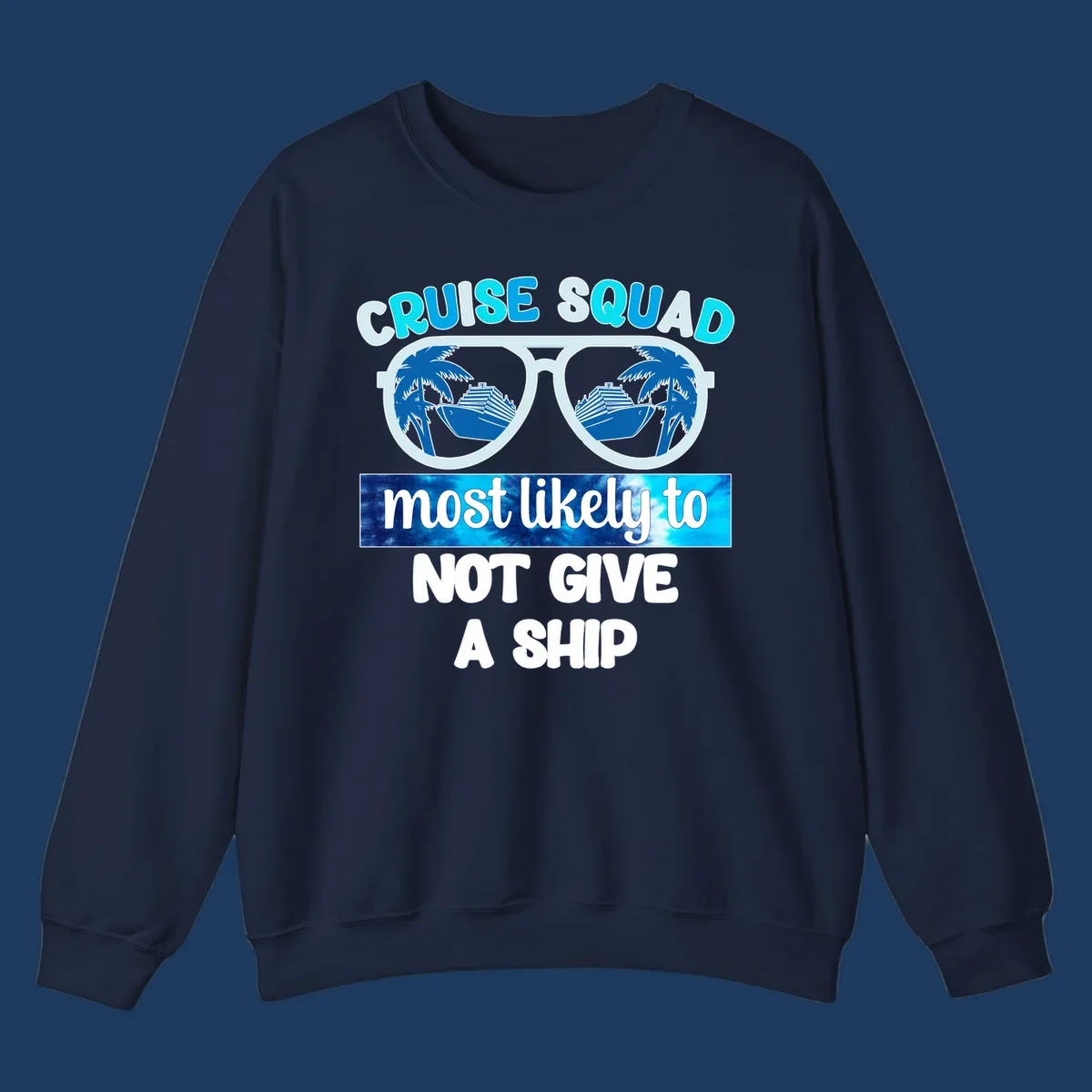 Cruise squad not give ship design with sunglasses showing cruise ships and palm trees reflection
