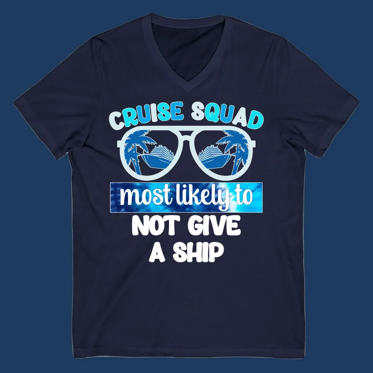Cruise squad not give ship design with sunglasses showing cruise ships and palm trees reflection