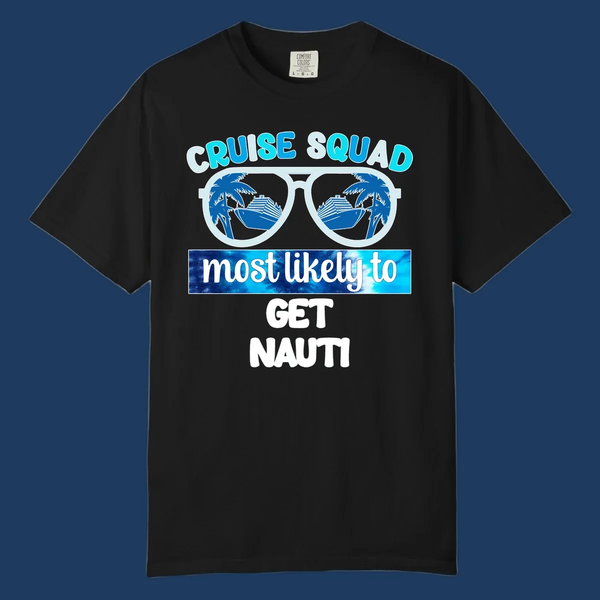Cruise squad get nauti design with sunglasses reflecting palm trees and cruise ship imagery