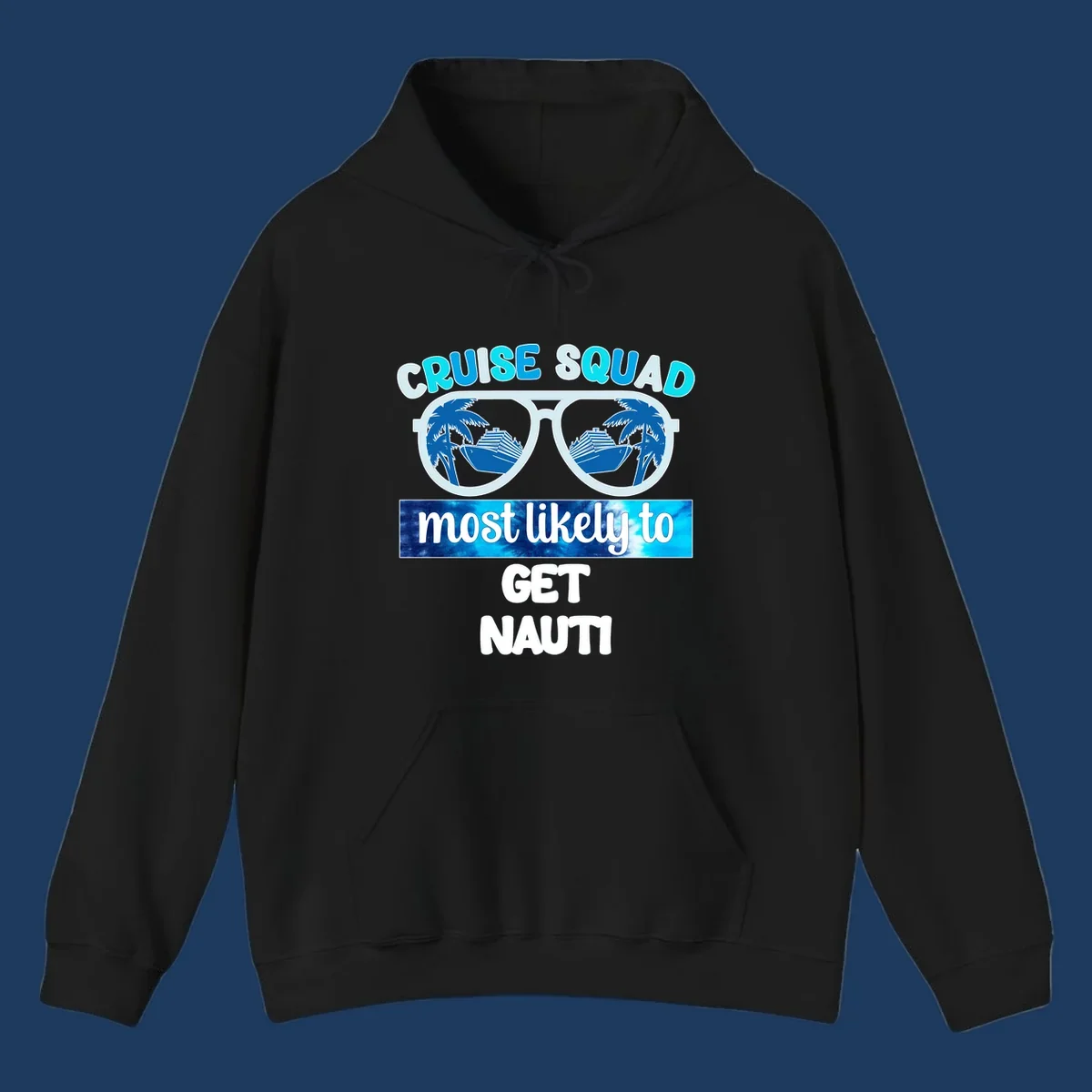 Cruise squad get nauti design with sunglasses reflecting palm trees and cruise ship imagery