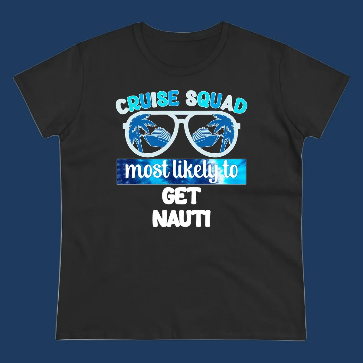 Cruise squad get nauti design with sunglasses reflecting palm trees and cruise ship imagery