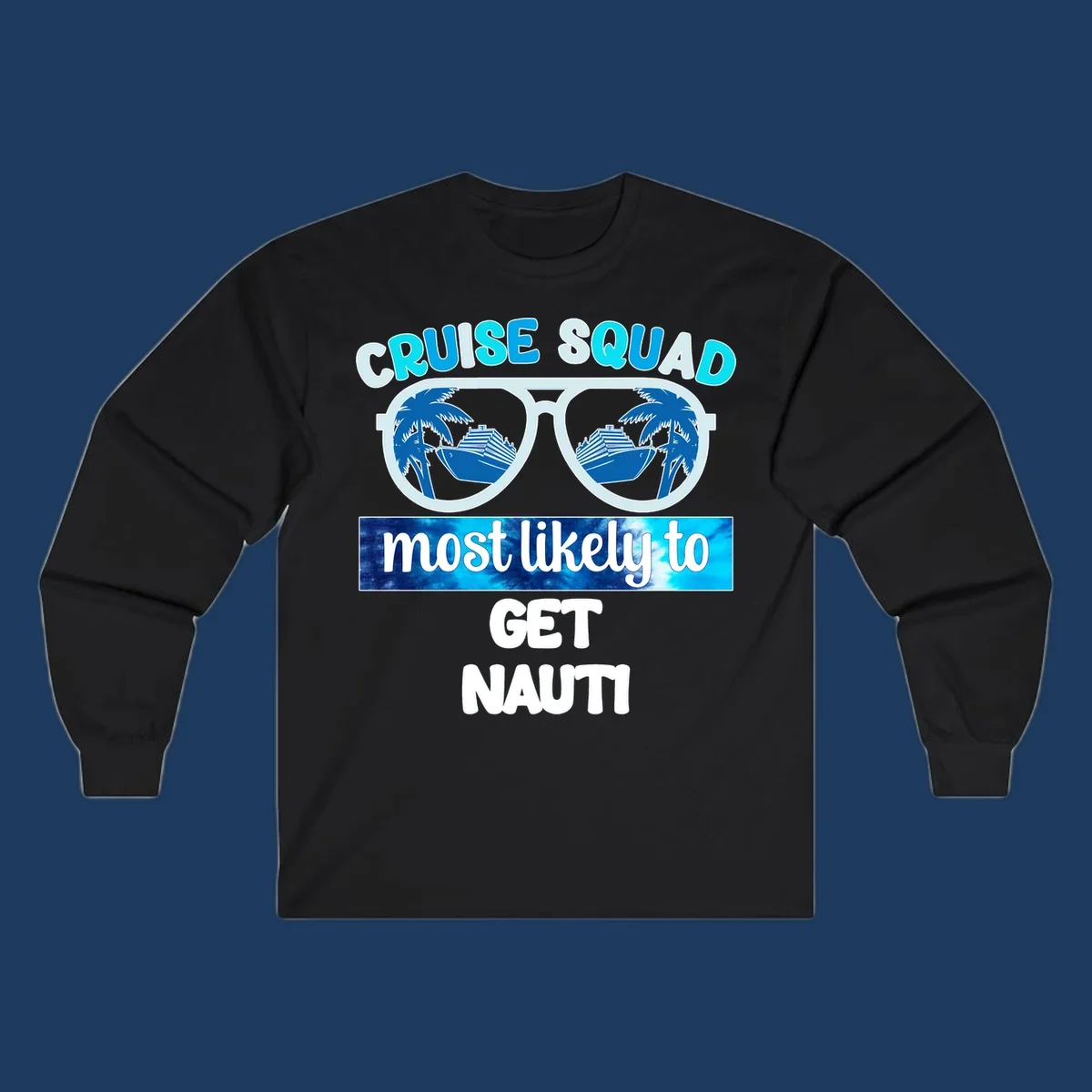 Cruise squad get nauti design with sunglasses reflecting palm trees and cruise ship imagery