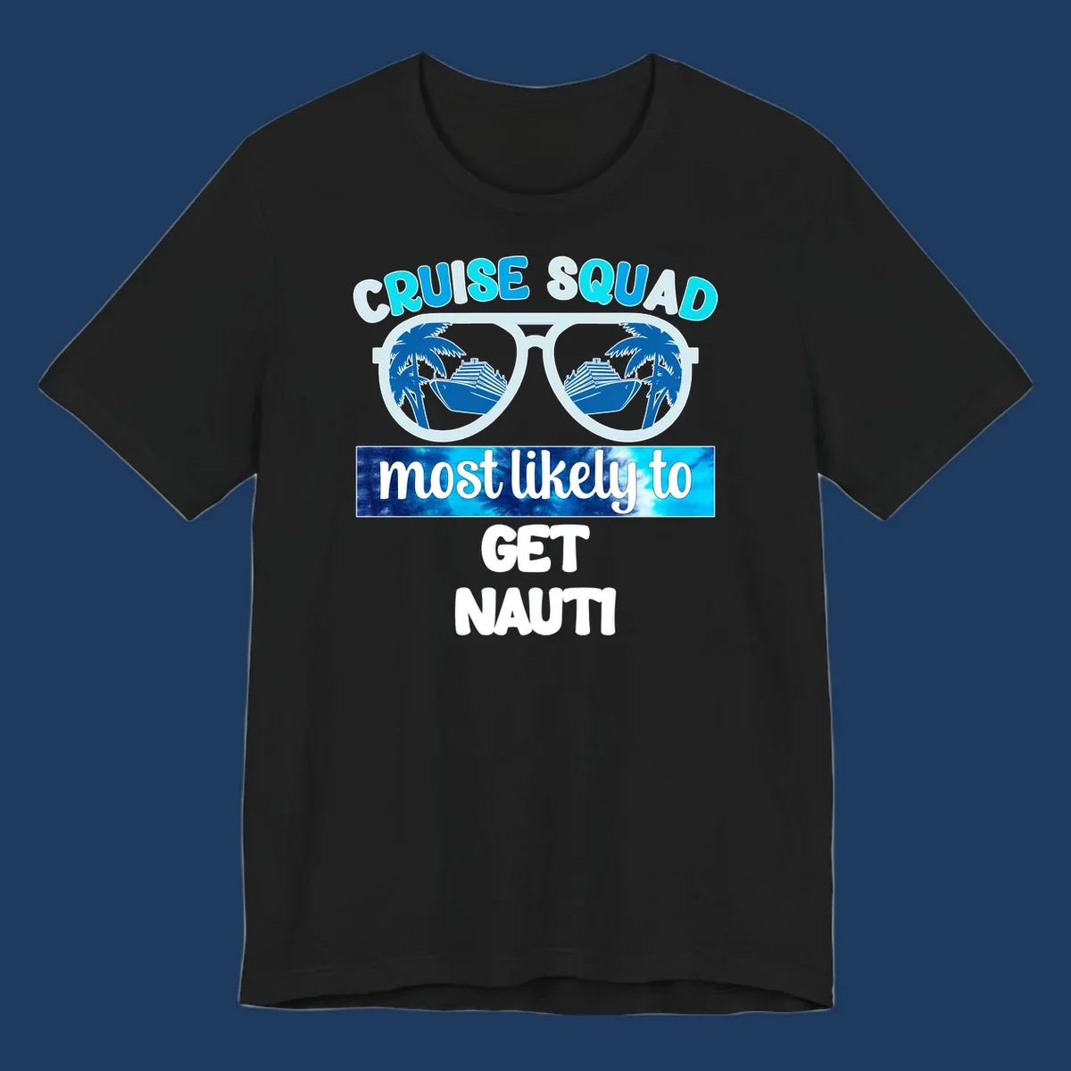 Cruise squad get nauti design with sunglasses reflecting palm trees and cruise ship imagery