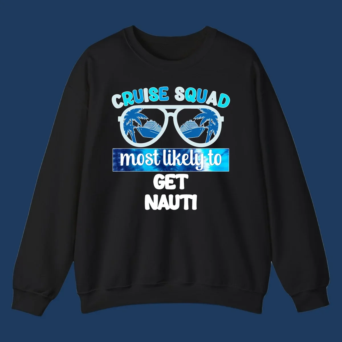 Cruise squad get nauti design with sunglasses reflecting palm trees and cruise ship imagery