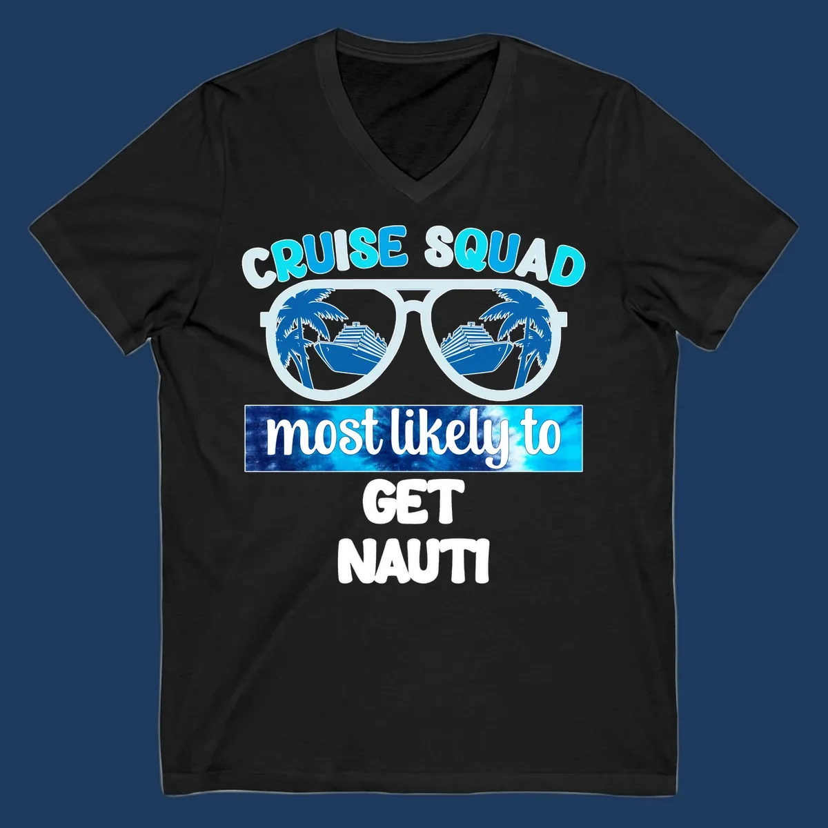 Cruise squad get nauti design with sunglasses reflecting palm trees and cruise ship imagery