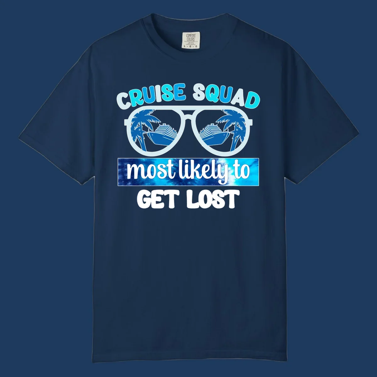 Cruise squad get lost design: oversized sunglasses with palm trees and ships reflected in lenses, cyan and blue colors