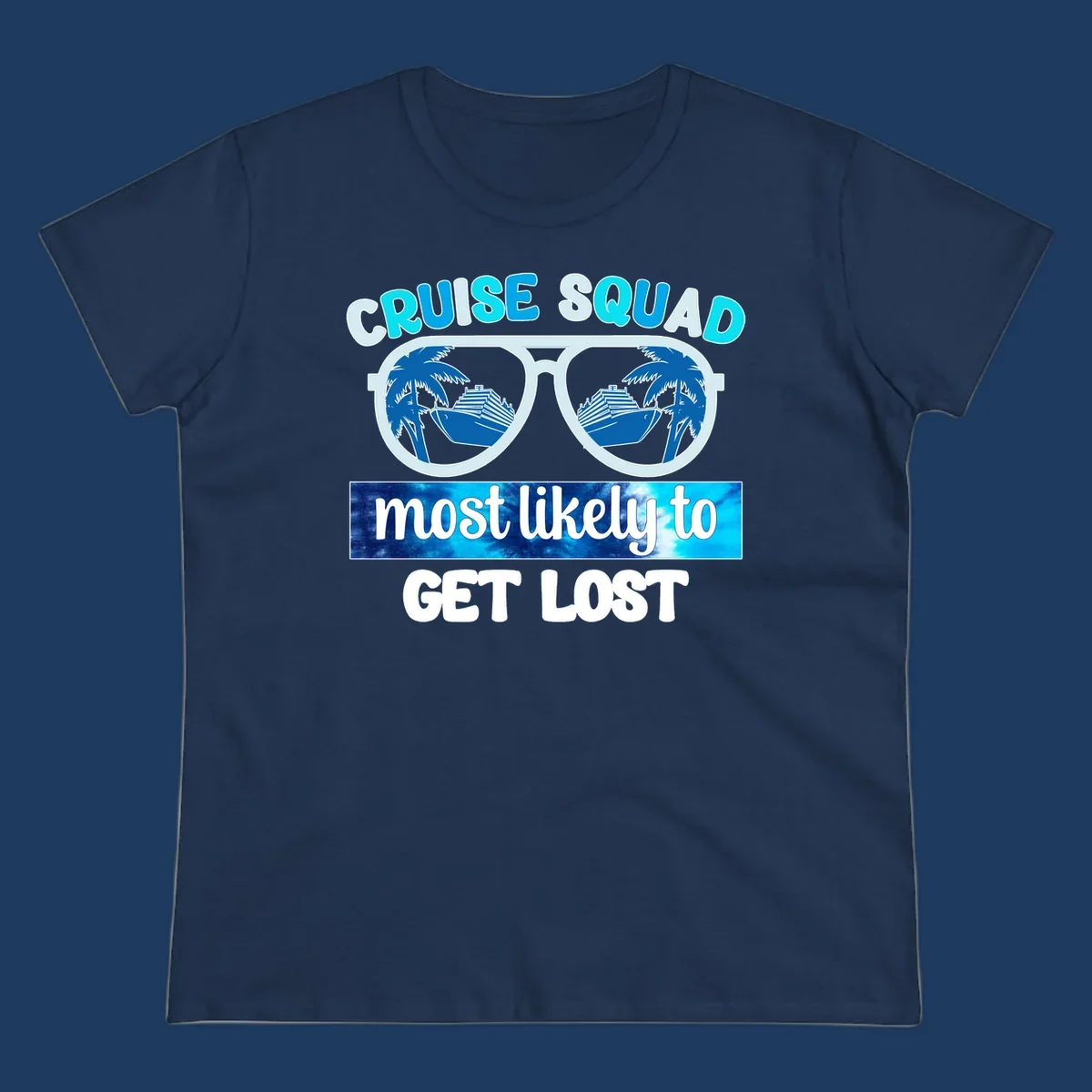 Cruise squad get lost design: oversized sunglasses with palm trees and ships reflected in lenses, cyan and blue colors