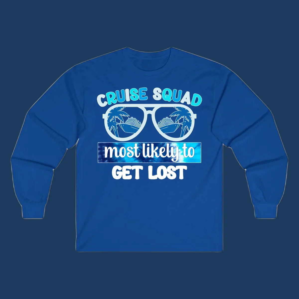 Cruise squad get lost design: oversized sunglasses with palm trees and ships reflected in lenses, cyan and blue colors