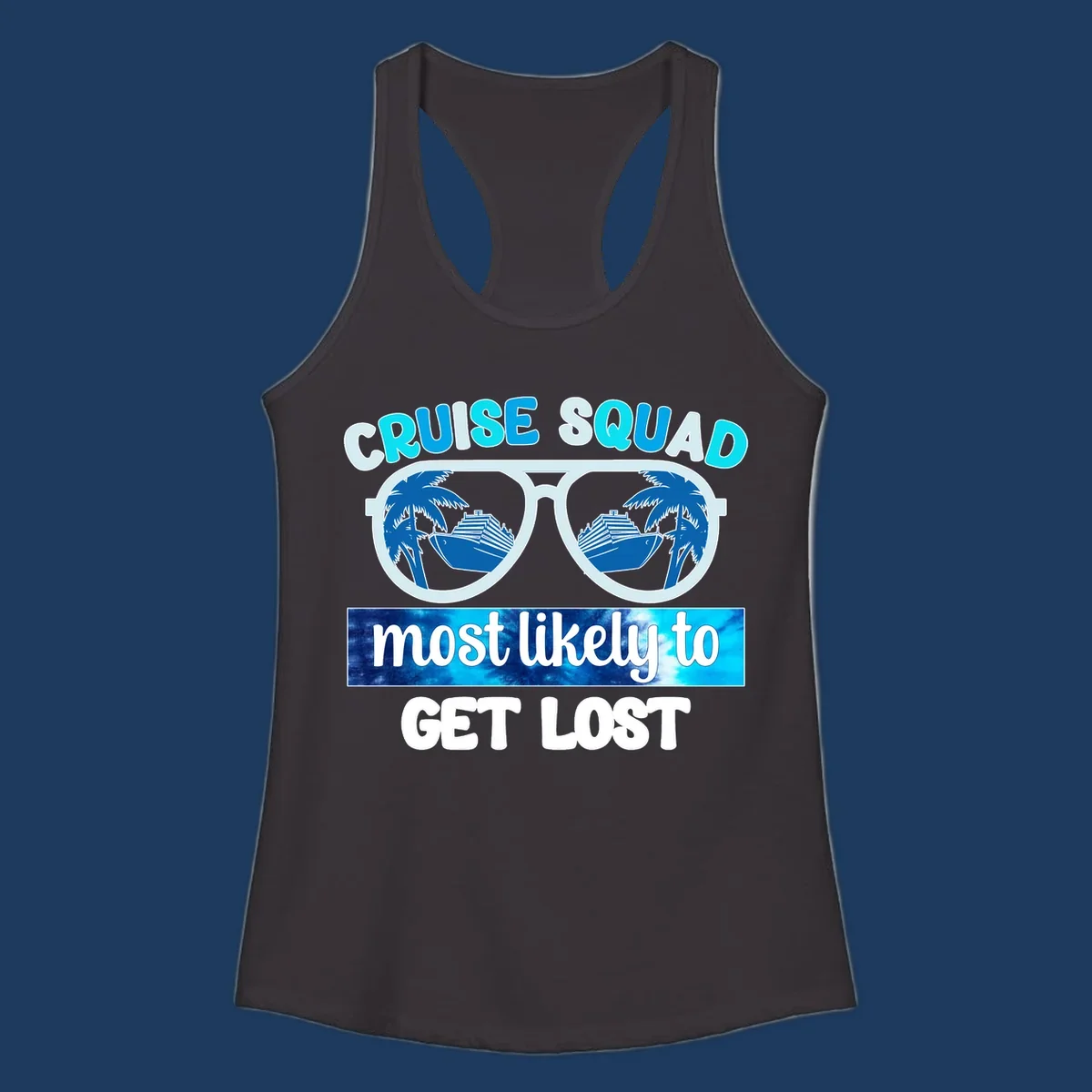 Cruise squad get lost design: oversized sunglasses with palm trees and ships reflected in lenses, cyan and blue colors