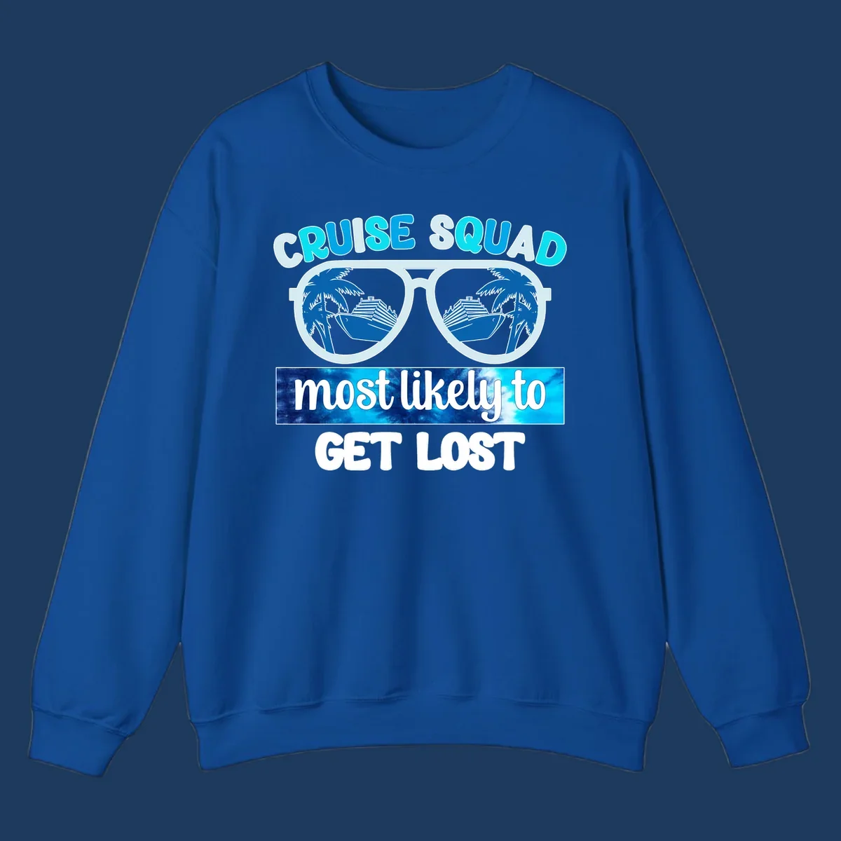 Cruise squad get lost design: oversized sunglasses with palm trees and ships reflected in lenses, cyan and blue colors