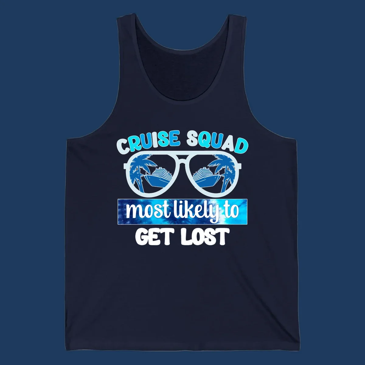 Cruise squad get lost design: oversized sunglasses with palm trees and ships reflected in lenses, cyan and blue colors