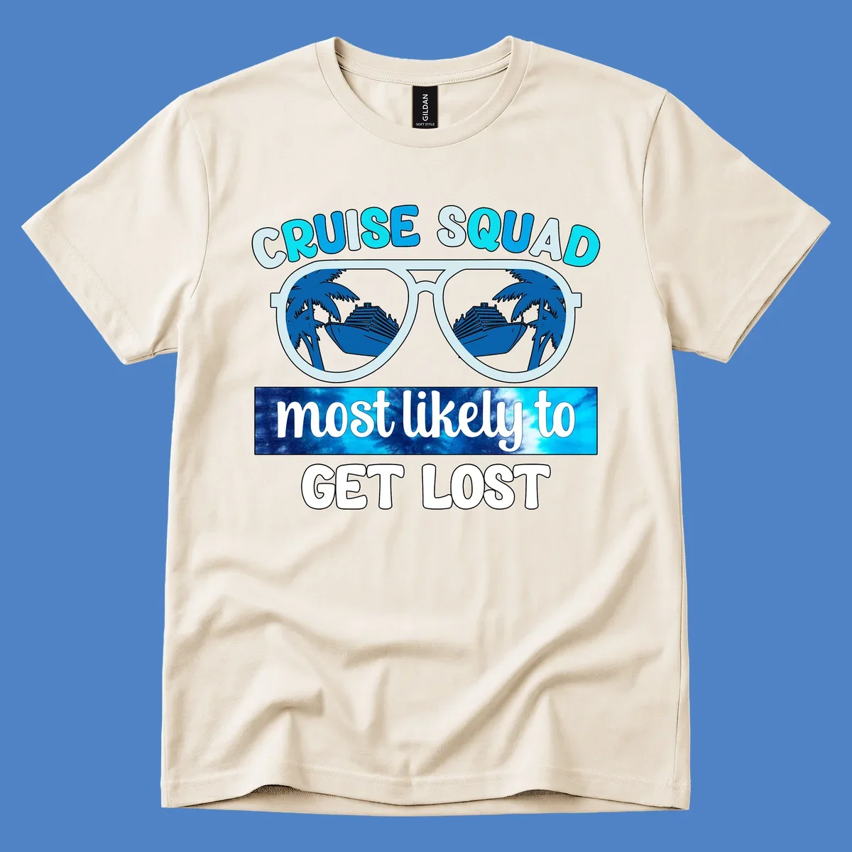 Cruise squad get lost design: oversized sunglasses with palm trees and ships reflected in lenses, cyan and blue colors