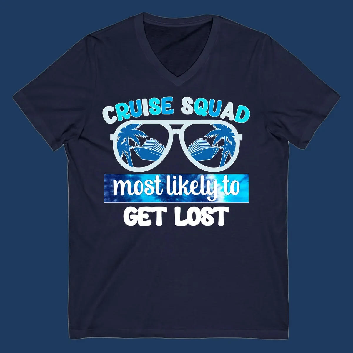 Cruise squad get lost design: oversized sunglasses with palm trees and ships reflected in lenses, cyan and blue colors
