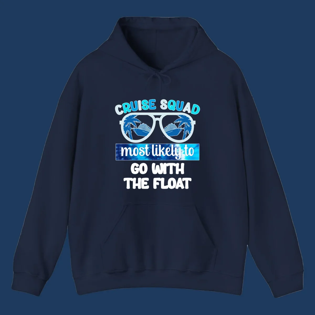 Sunglasses with cruise ships and palm trees in the lenses, text reads 'Cruise Squad most likely to go with the float'