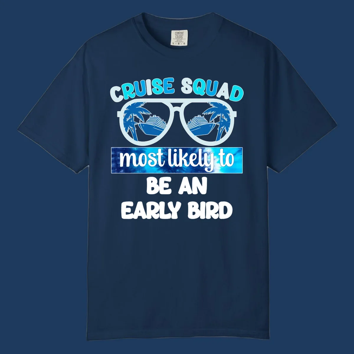 Cruise squad early bird design with sunglasses reflecting palm trees and cruise ship, bold text overlay on nautical background