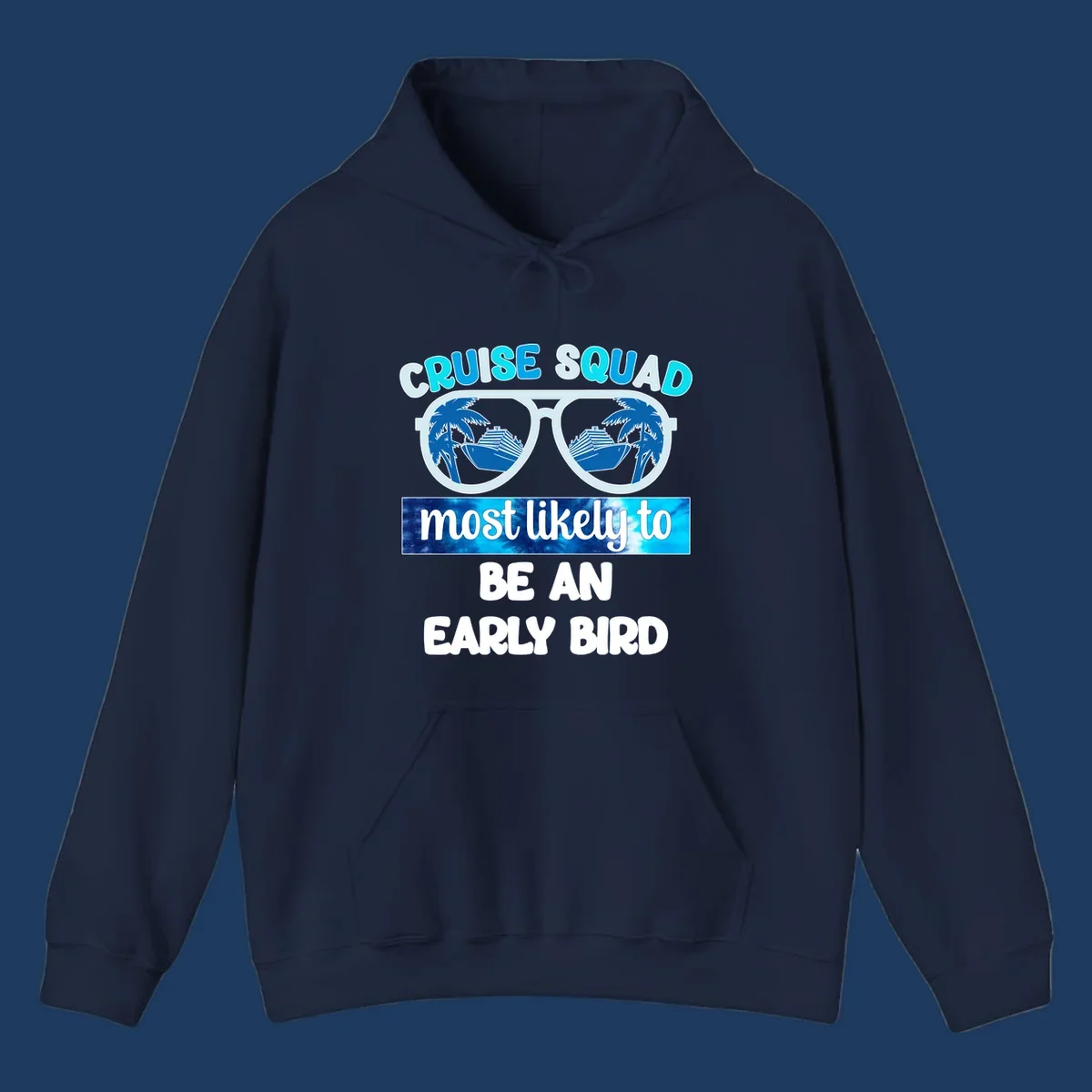 Cruise squad early bird design with sunglasses reflecting palm trees and cruise ship, bold text overlay on nautical background