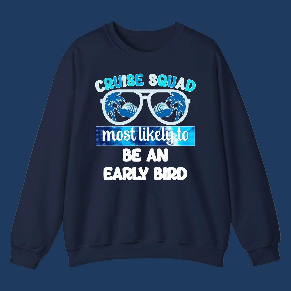Cruise squad early bird design with sunglasses reflecting palm trees and cruise ship, bold text overlay on nautical background