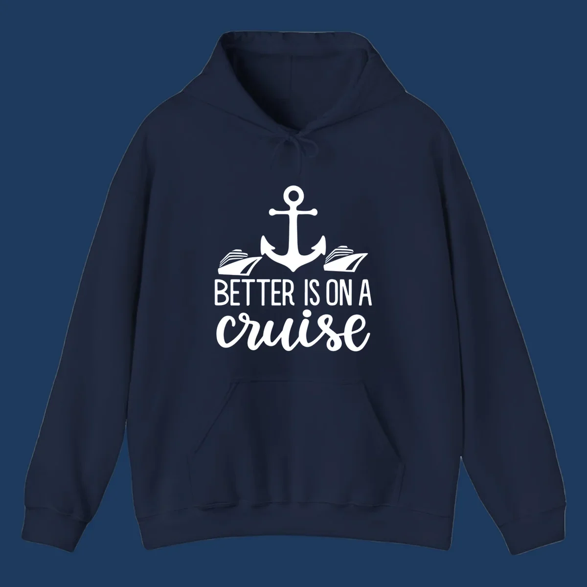 White anchor with cruise ships and text reading 'Better Is On A Cruise' on gray background