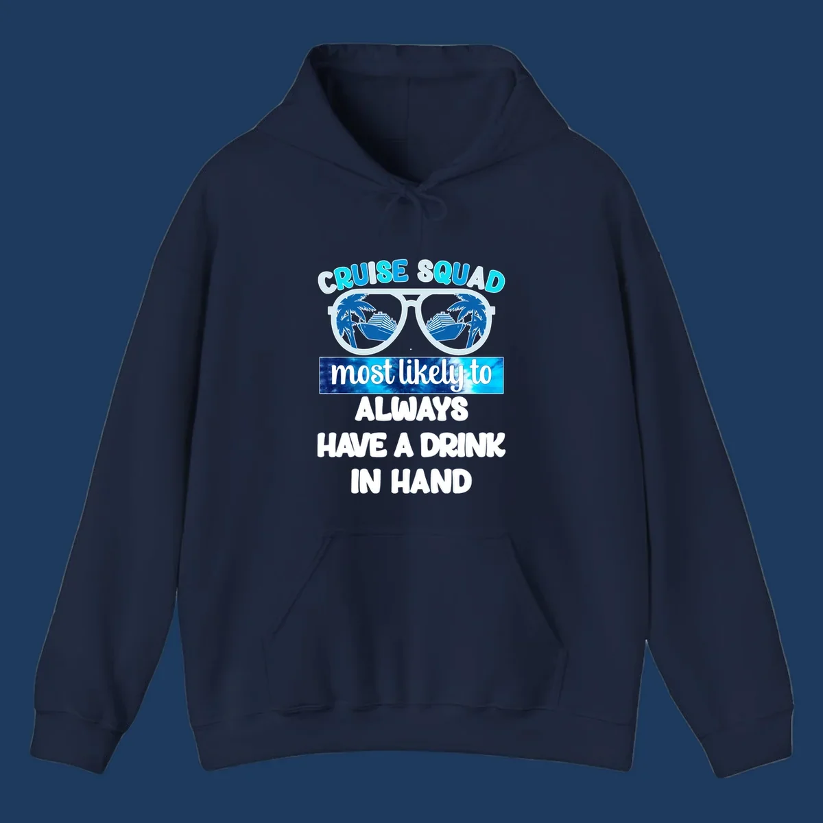 Oversized sunglasses with palm trees and cruise ship reflections, text reads 'Cruise Squad most likely to always have a drink in hand'