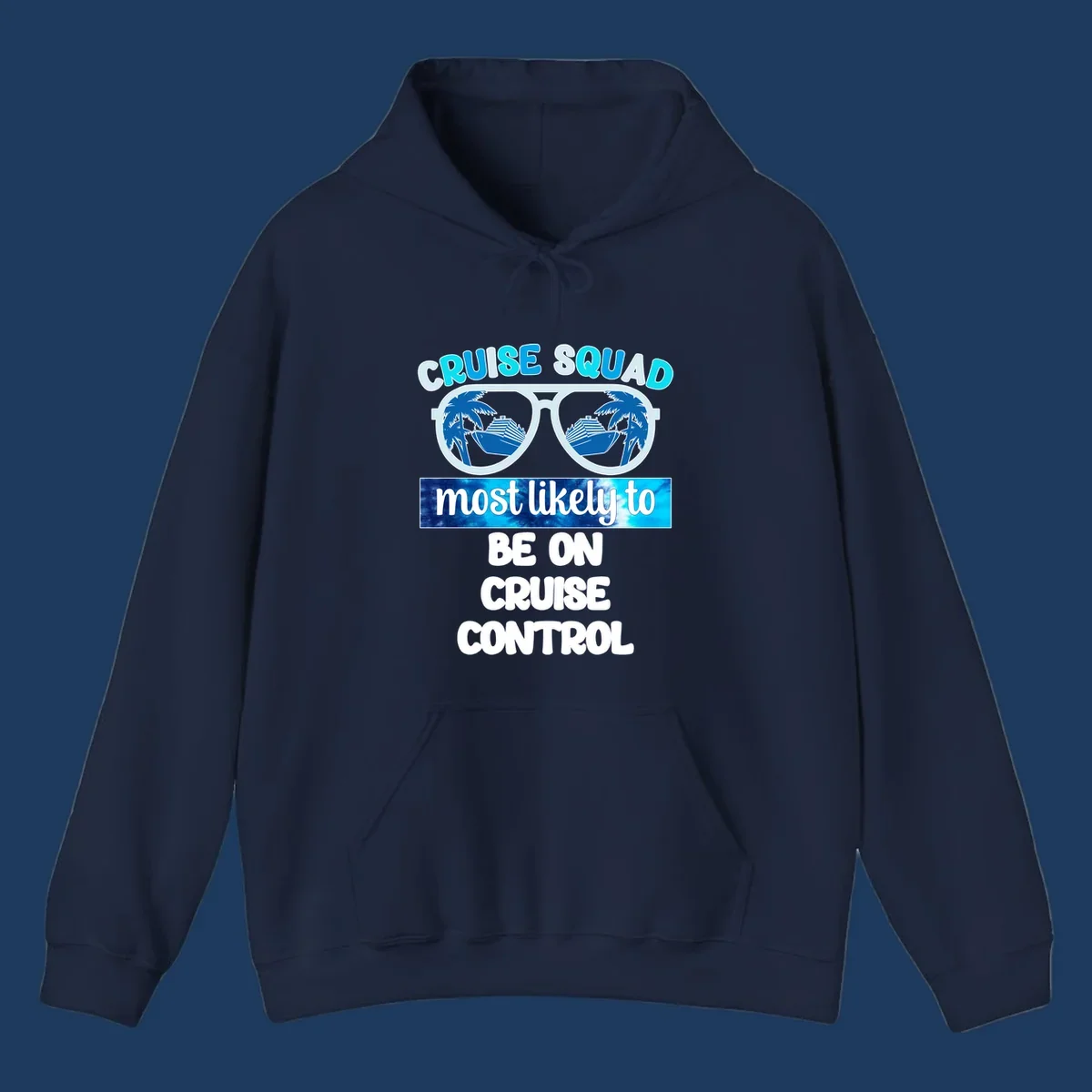Cruise squad sunglasses design with palm trees and cruise ship reflections, 'most likely to be on cruise control' text