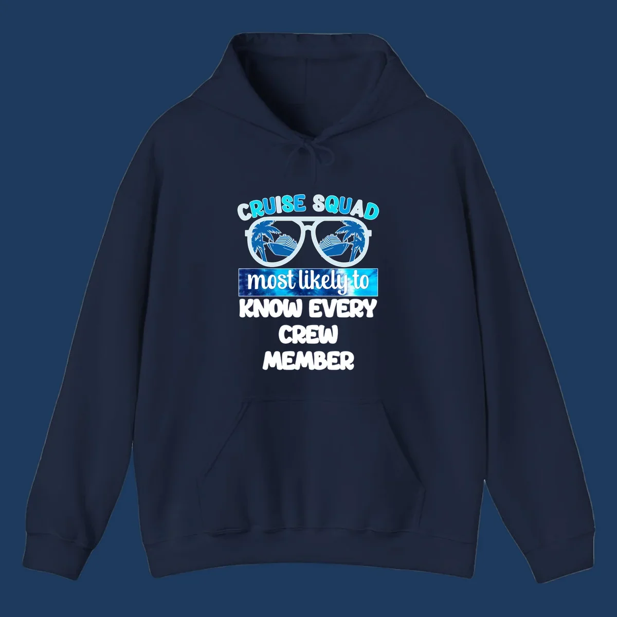 Sunglasses with cruise ship and palm tree reflections, 'Cruise Squad most likely to know every crew member' text design
