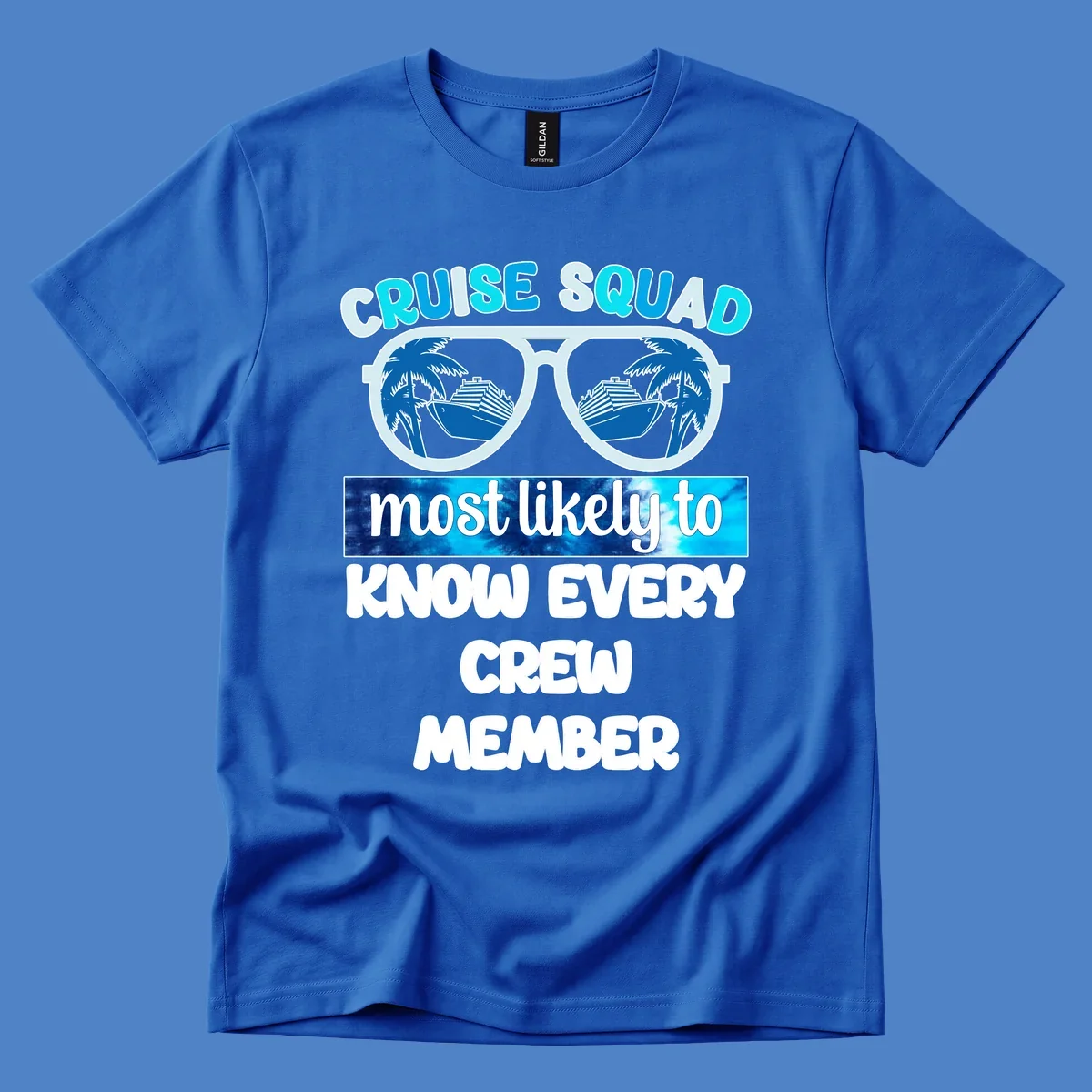 Sunglasses with cruise ship and palm tree reflections, 'Cruise Squad most likely to know every crew member' text design