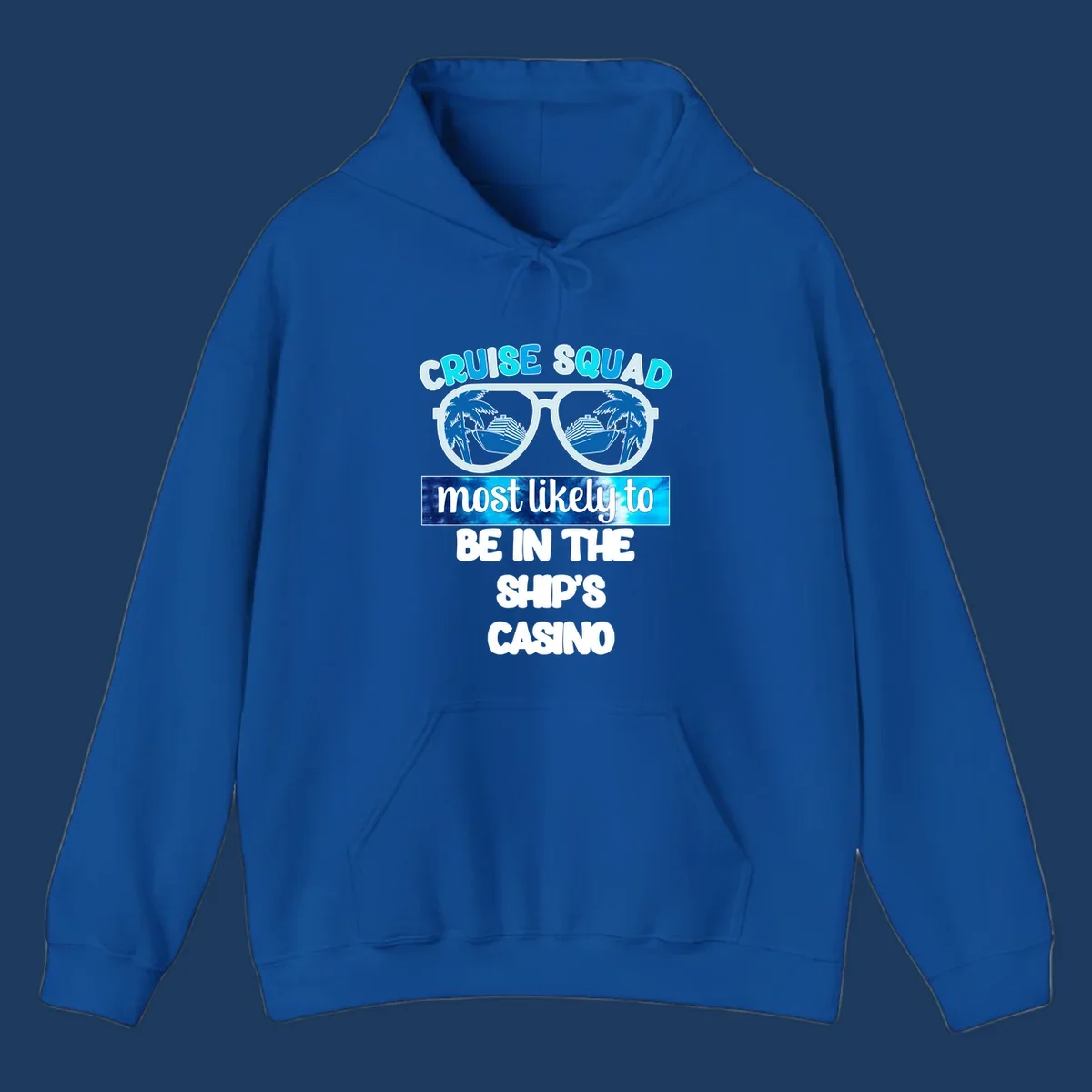 Sunglasses with cruise ship and palm tree reflections, 'Cruise Squad most likely to be in the ship's casino' text design