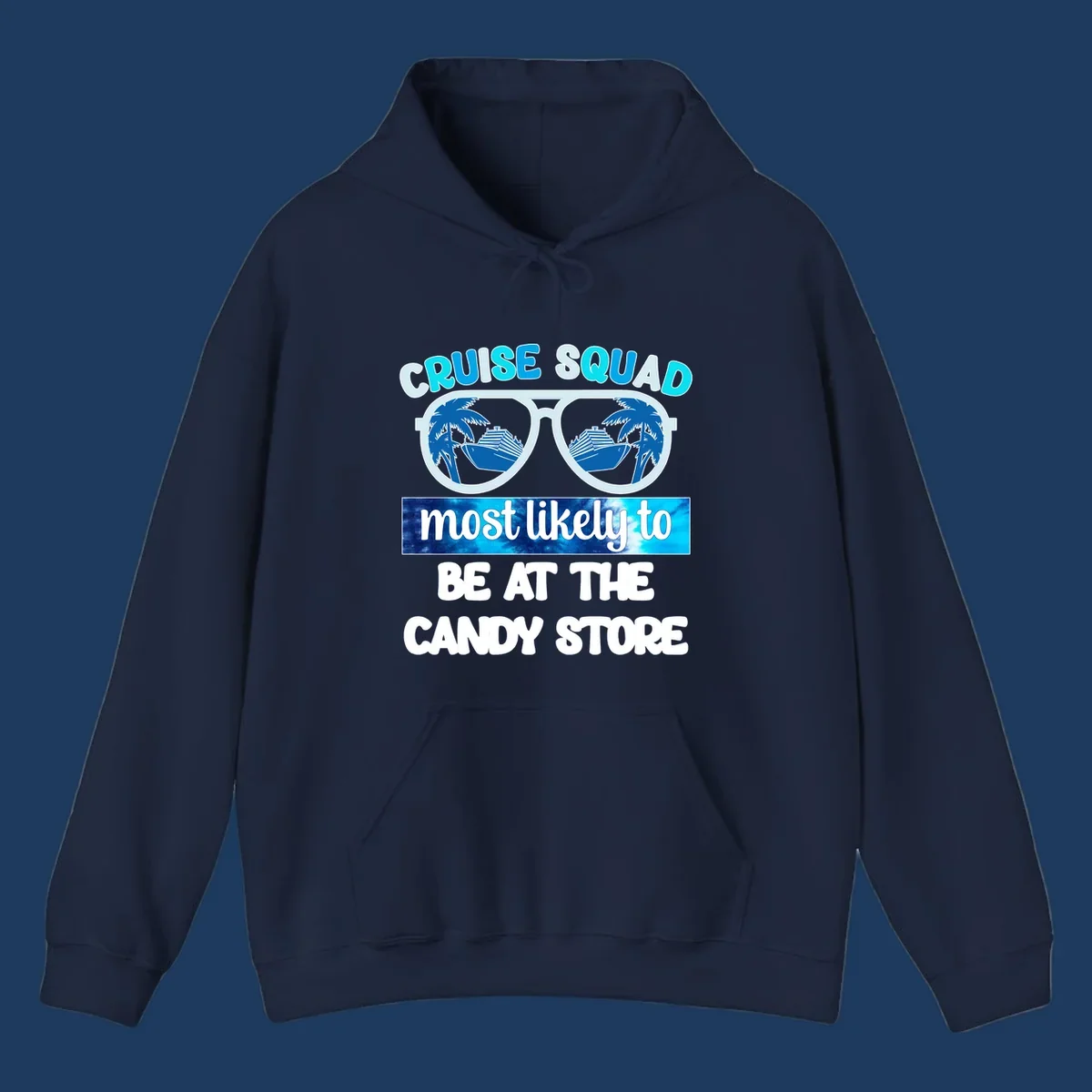 Cruise squad sunglasses design with palm trees and ship reflected in lenses, text reads 'most likely to be at the candy store'