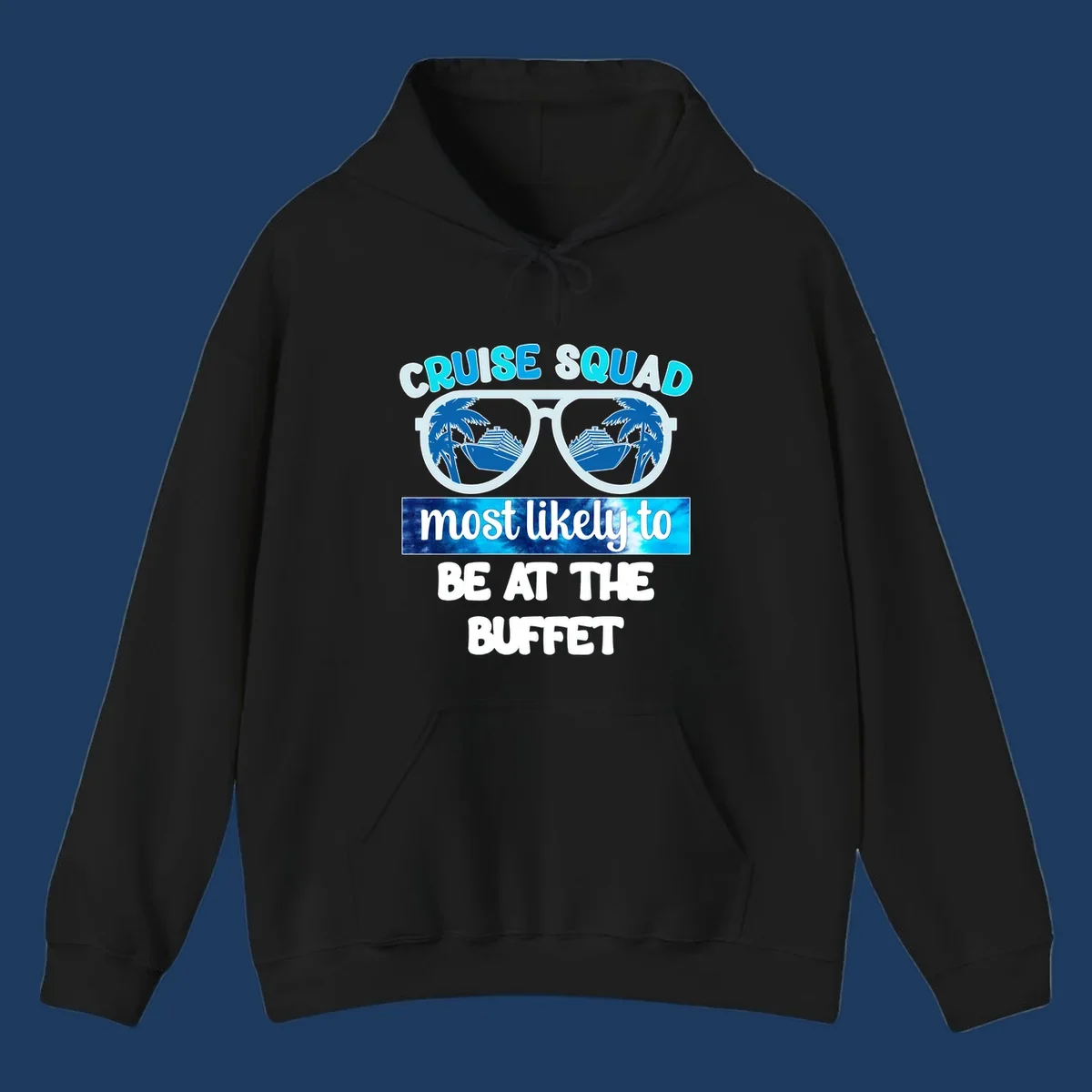 Cruise squad buffet design with oversized sunglasses reflecting palm trees and ship, text reads most likely to be at the buffet