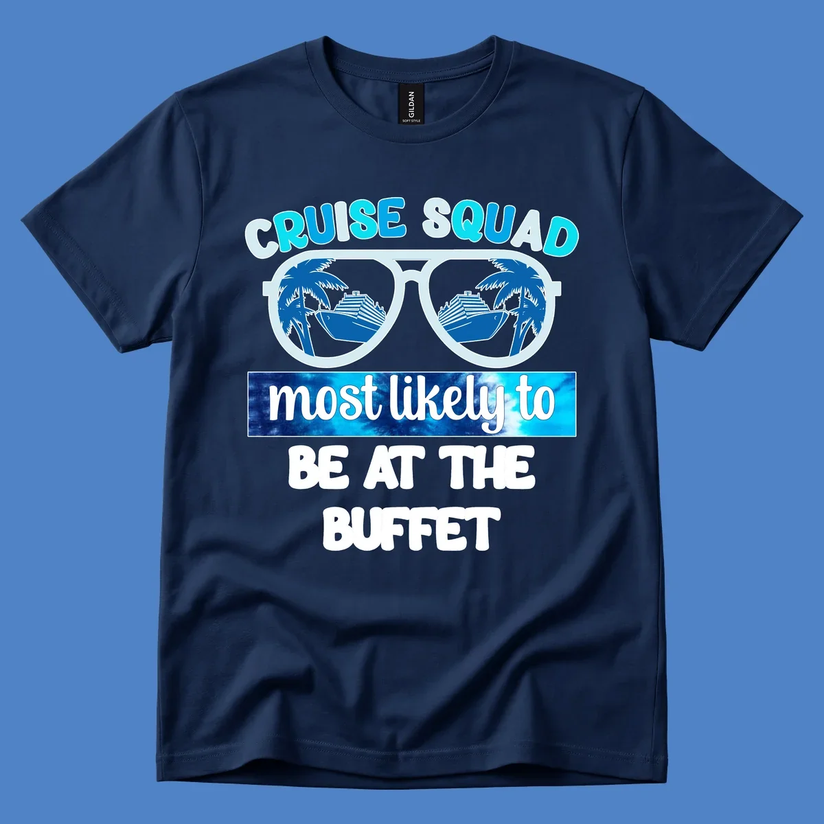 Cruise squad buffet design with oversized sunglasses reflecting palm trees and ship, text reads most likely to be at the buffet