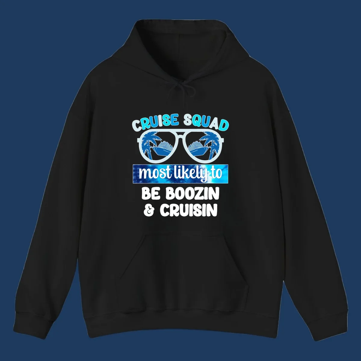 Cruise squad boozin design with oversized sunglasses reflecting cruise ships and palm trees, bold text proclaiming the group's vacation party plans
