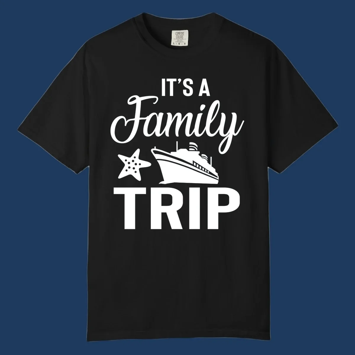 Family cruise trip design with cruise ship and starfish graphic on gray background