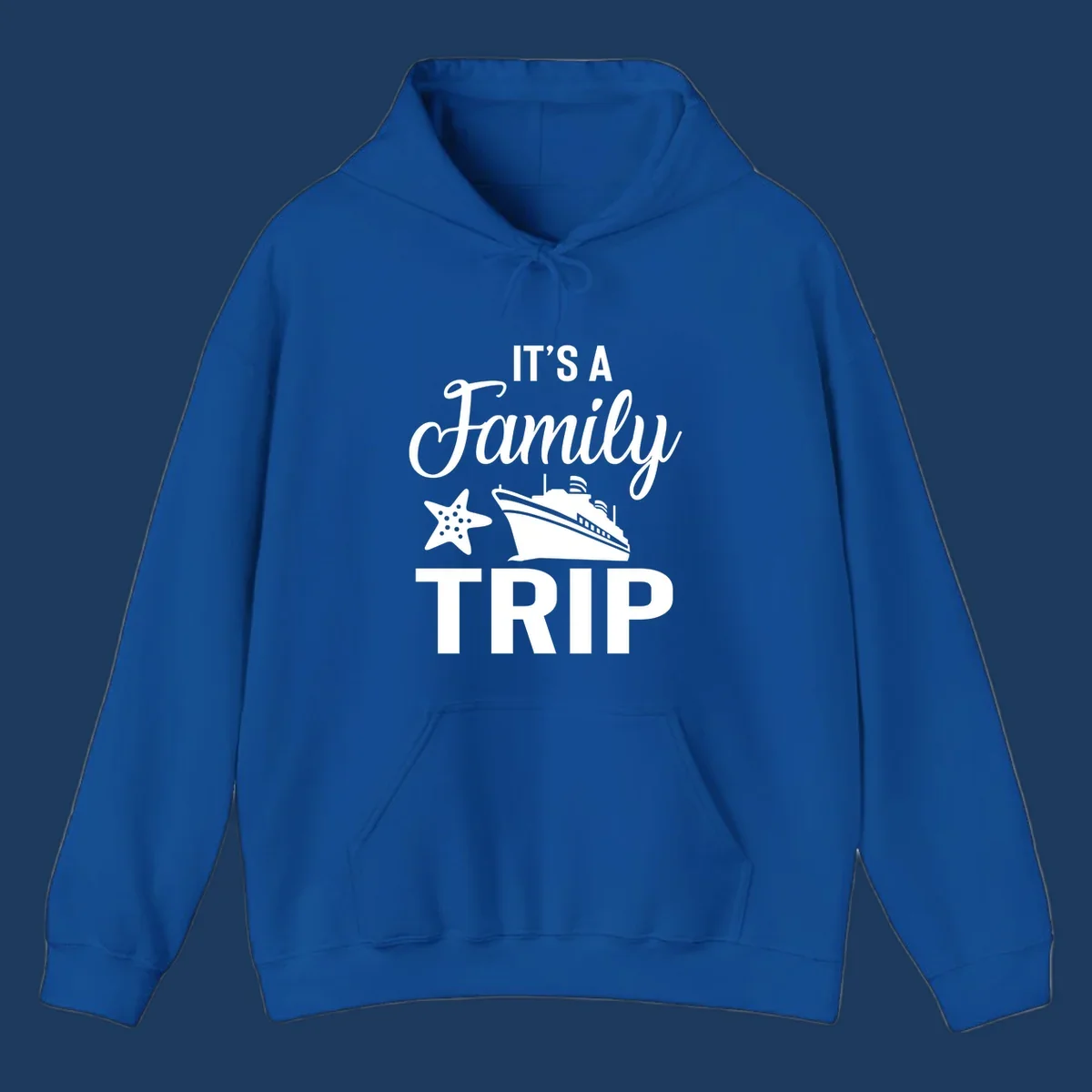 Family cruise trip design with cruise ship and starfish graphic on gray background