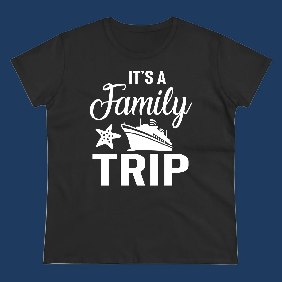 Family cruise trip design with cruise ship and starfish graphic on gray background