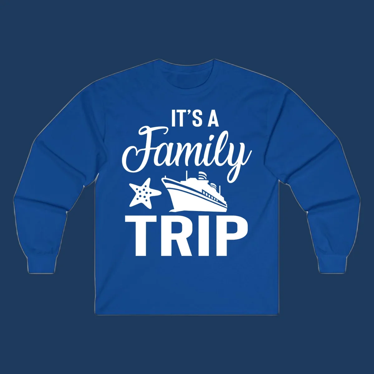 Family cruise trip design with cruise ship and starfish graphic on gray background