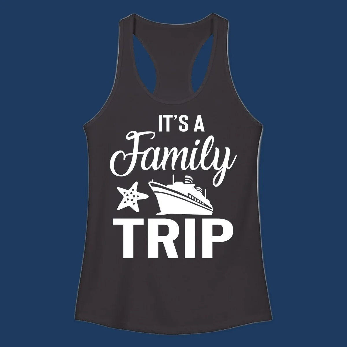 Family cruise trip design with cruise ship and starfish graphic on gray background