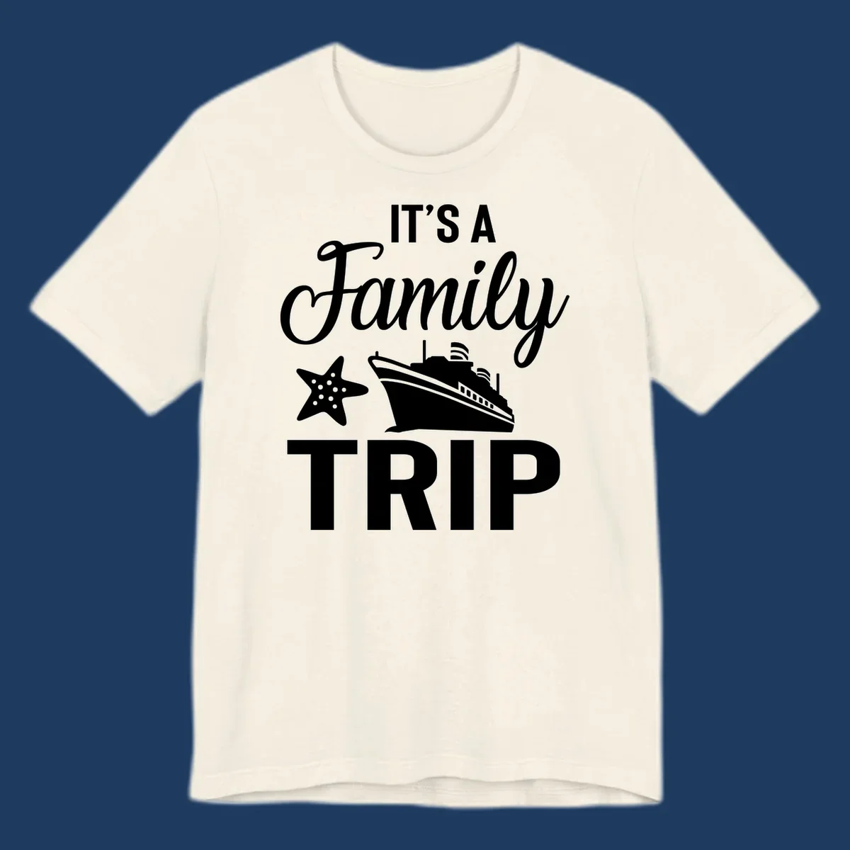 Family cruise trip design with cruise ship and starfish graphic on gray background
