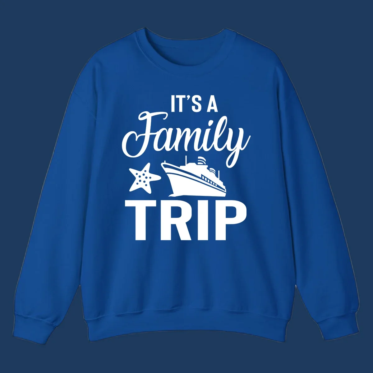 Family cruise trip design with cruise ship and starfish graphic on gray background